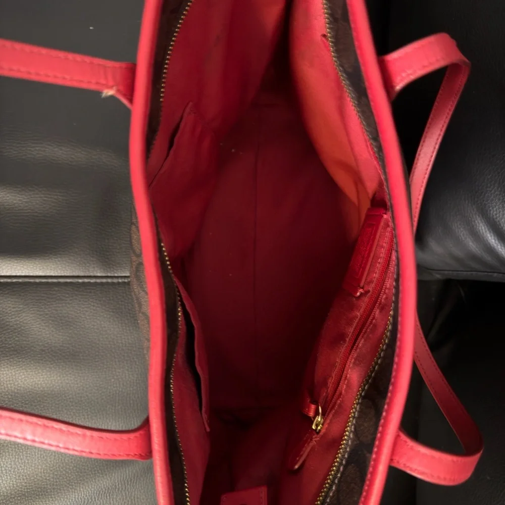 Coach City Zip Tote F58292 Signature Canvas Brown Raspberry Rouge Trim - Picture 7 of 7